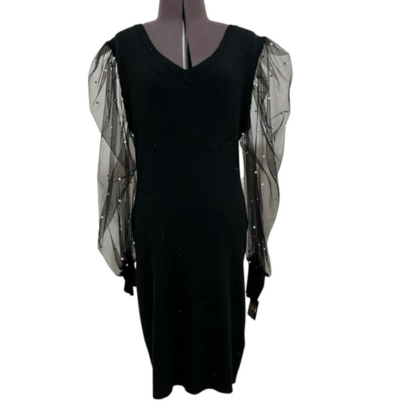 Black Bodycon Silver Shimmer Sweater Dress Sheer Sleeve Pearl Accent Size S - Picture 2 of 7
